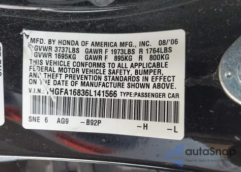 2006 Honda Civic Ex from USA, damaged, VIN 1HGFA16836L141566